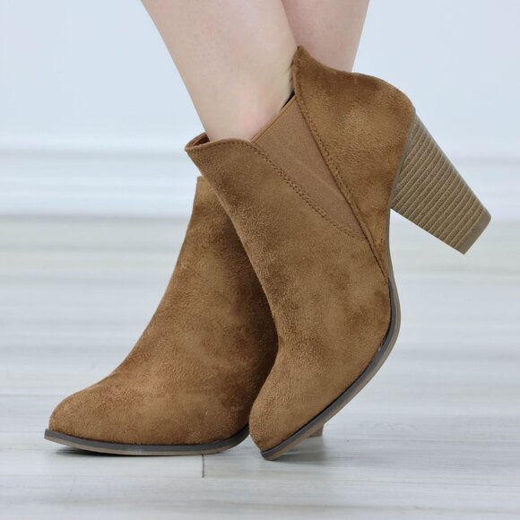 Tan Suede Ankle Boots Chelsea Pointed Toe Cone High Heel Booties - Picture 5 of 10
